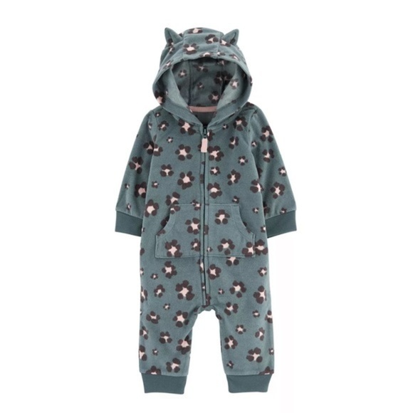 Baby Girl Carter's Leopard Fleece Long Sleeve Hooded Romper bunting 6m onesie - Picture 1 of 5